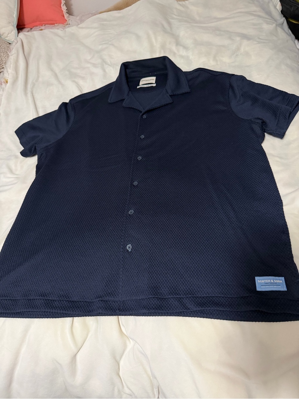 Scotch & Soda Navy Textured Short-Sleeve Button-Down Shirt Men’s XL